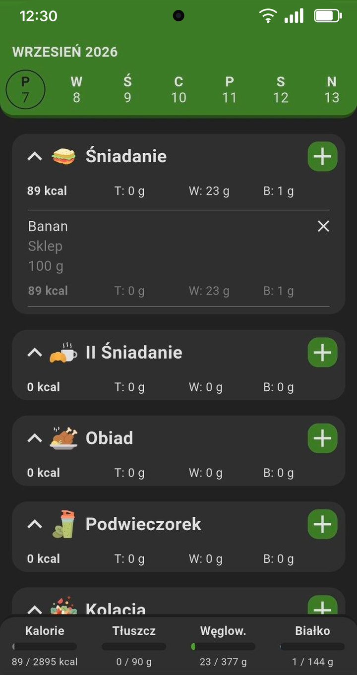 Dziennik żywieniowy Makro — posiłki dnia z kaloriami i makroskładnikami