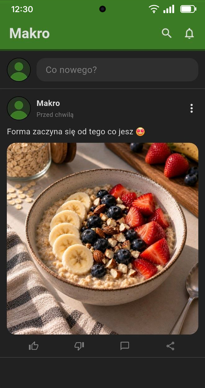 Forum Makro — wpis ze zdjęciem posiłku oraz przyciski reakcji, komentarzy i udostępniania
