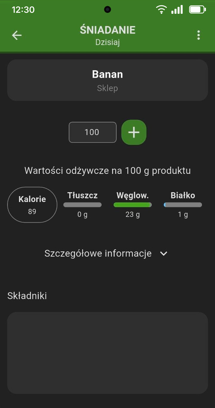 Szczegóły produktu w Makro — kalorie, tłuszcz, węglowodany i białko na 100 g z kolorowymi paskami