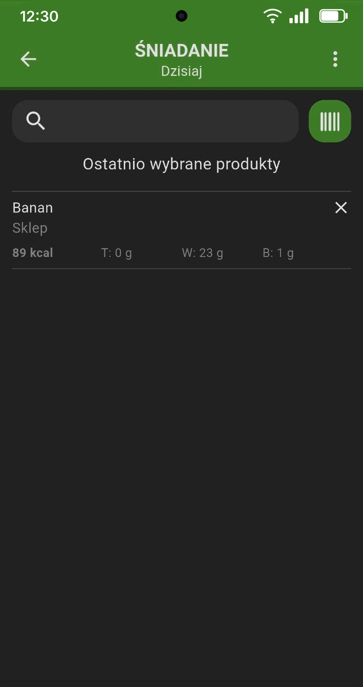 Dodawanie produktu do posiłku w Makro — wyszukiwarka, skaner kodów kreskowych i ostatnio wybrane produkty
